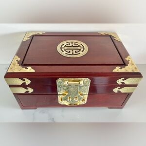 Vintage Chinese Wooden Jewelry Box With Brass Accents Original Lock and Key